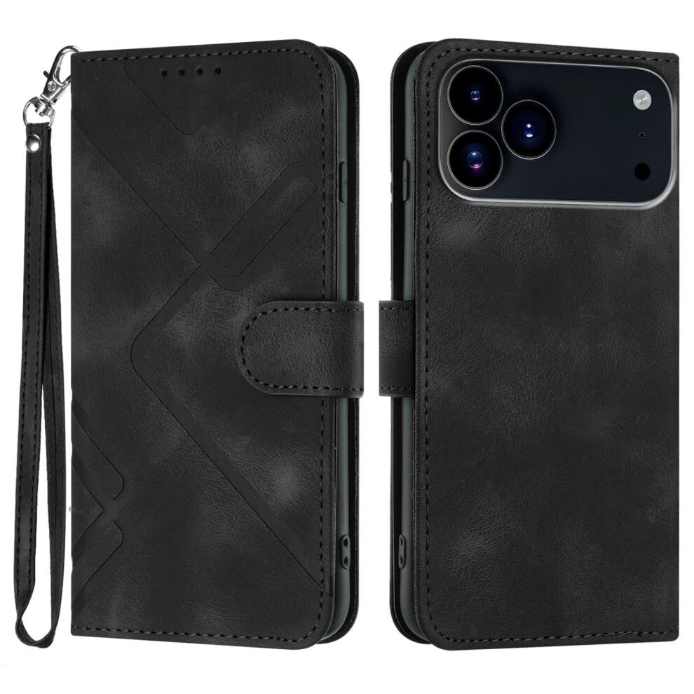(Black) For Iphone 17 Pro Max Wallet Case Line Imprinted Pu Leather Phone Cover With Strap Black 6914284100735
