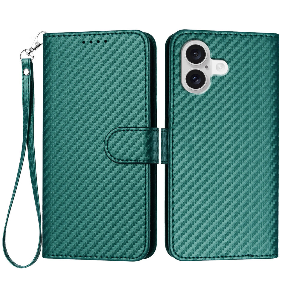 (Blackish ) For Iphone 17 Wallet Case With Strap Carbon Fiber Texture Leather Mobile Cover Green 6914289012354