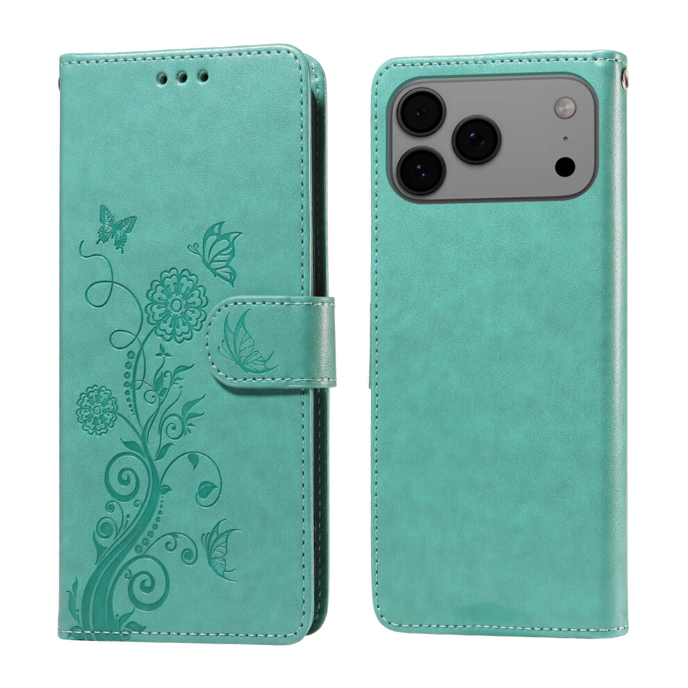 (Green) For Iphone 17 Pro Max Leather Case Butterfly Floral Imprint Wallet Stand Cover Green 6914289119367