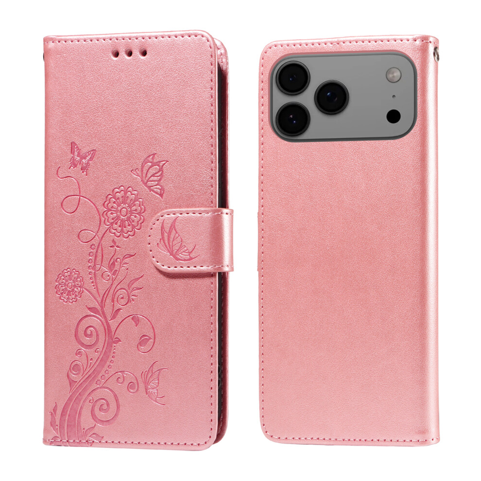 (Pink) For Iphone 17 Pro Max Leather Case Butterfly Floral Imprint Wallet Stand Cover Pink 6914282316213