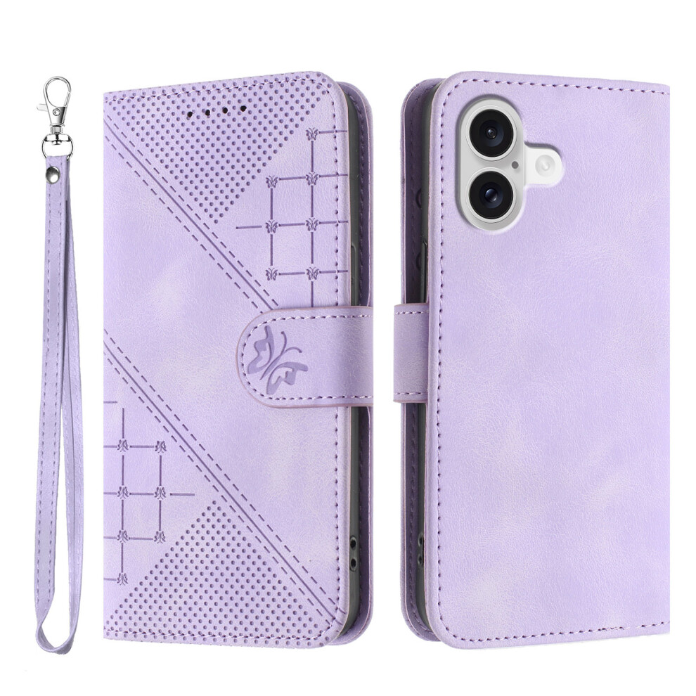 (Purple) For Iphone 17 Leather Wallet Case Butterfly Flower Imprinted Phone Cover With Strap Purple 6914285542725