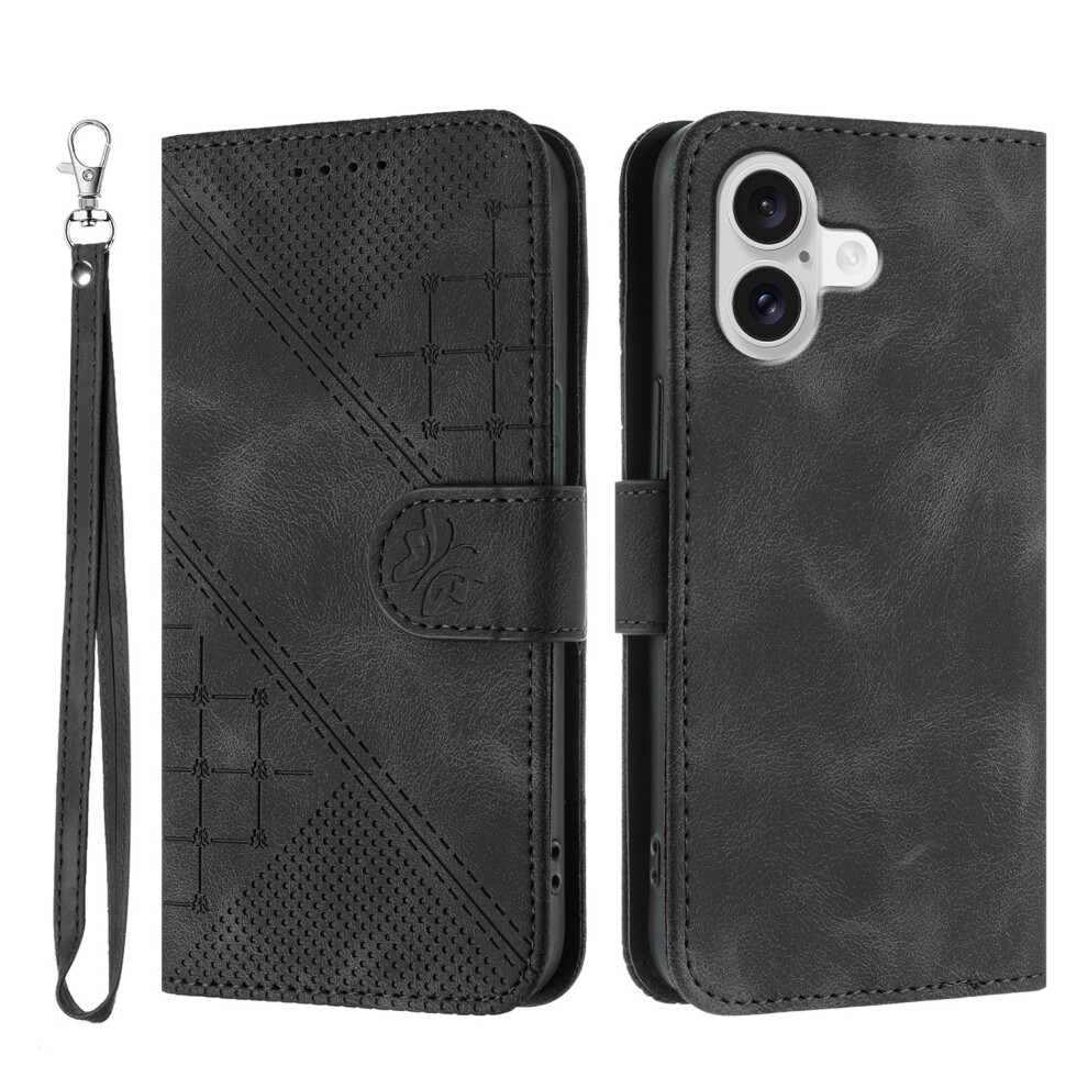 (Black) For Iphone 17 Leather Wallet Case Butterfly Flower Imprinted Phone Cover With Strap Black