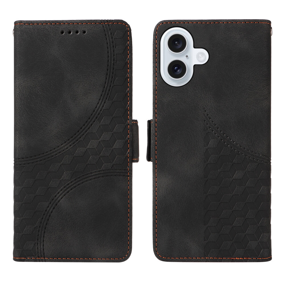 (Black) For Iphone 17 Leather Cases Wallet Rhombus Imprinted Phone Cover Stand With Strap Black 6914286829252