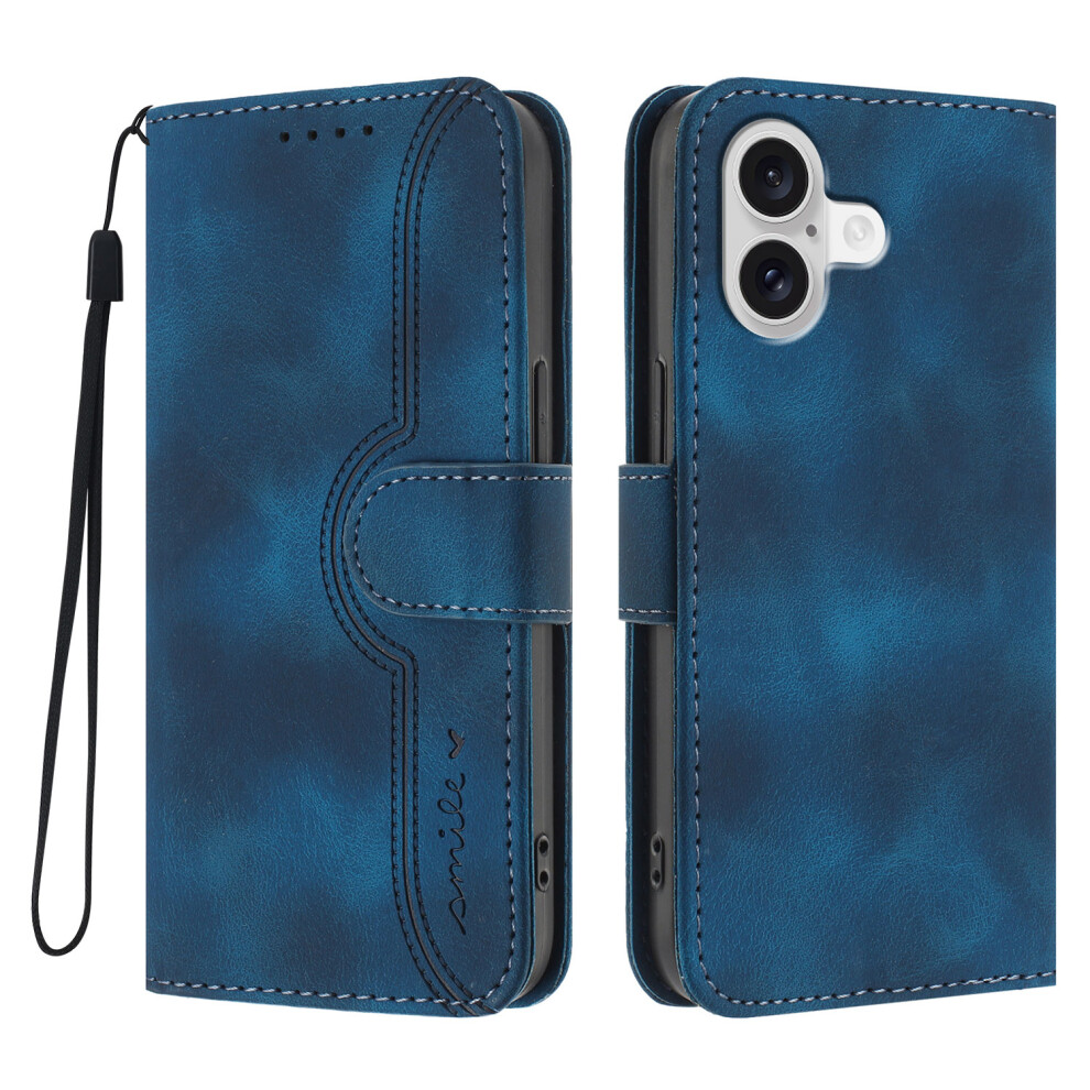 (Royal ) For Iphone 17 Leather Case Wallet Stand Smile Imprinted Phone Cover With Strap Blue 6914288804608