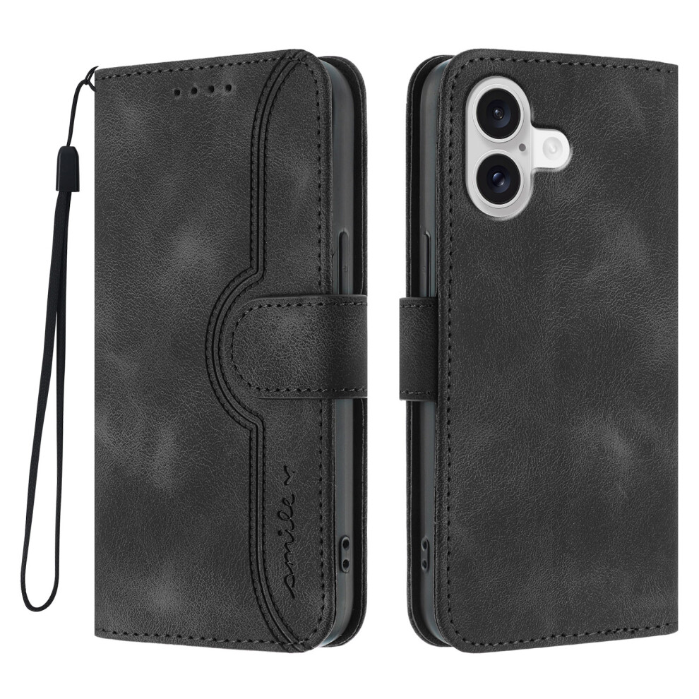 (Black) For Iphone 17 Leather Case Wallet Stand Smile Imprinted Phone Cover With Strap Black 6914285980701