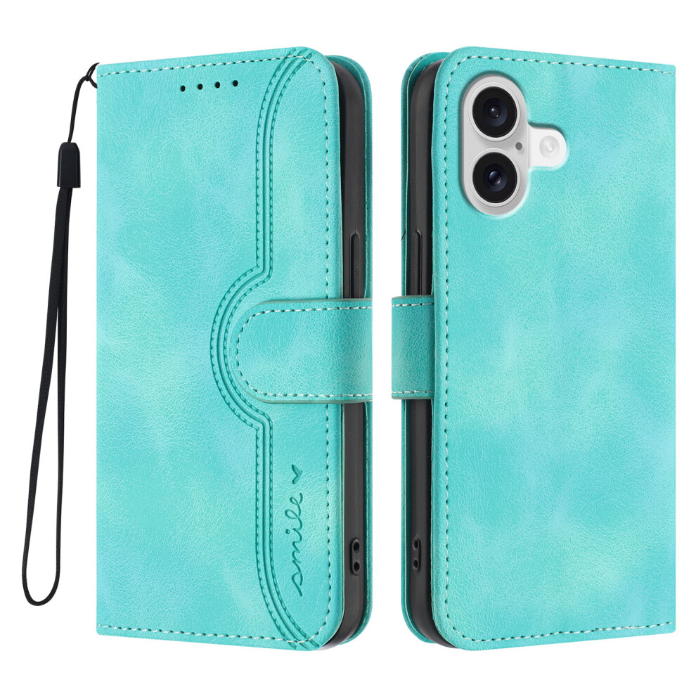 (Light ) For Iphone 17 Leather Case Wallet Stand Smile Imprinted Phone Cover With Strap Blue 6914283980635