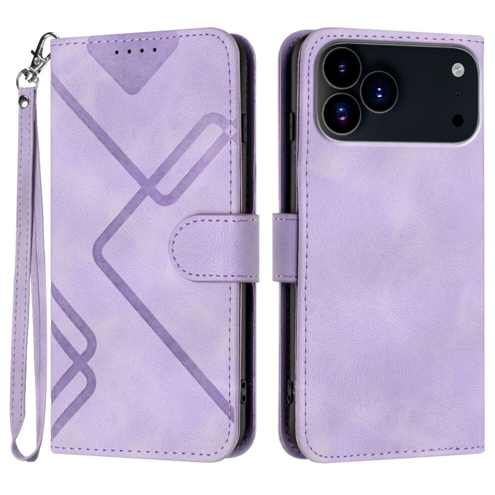 (Purple) For Iphone 17 Pro Wallet Case Line Imprinted Pu Leather Phone Cover With Strap Purple 6914288139519