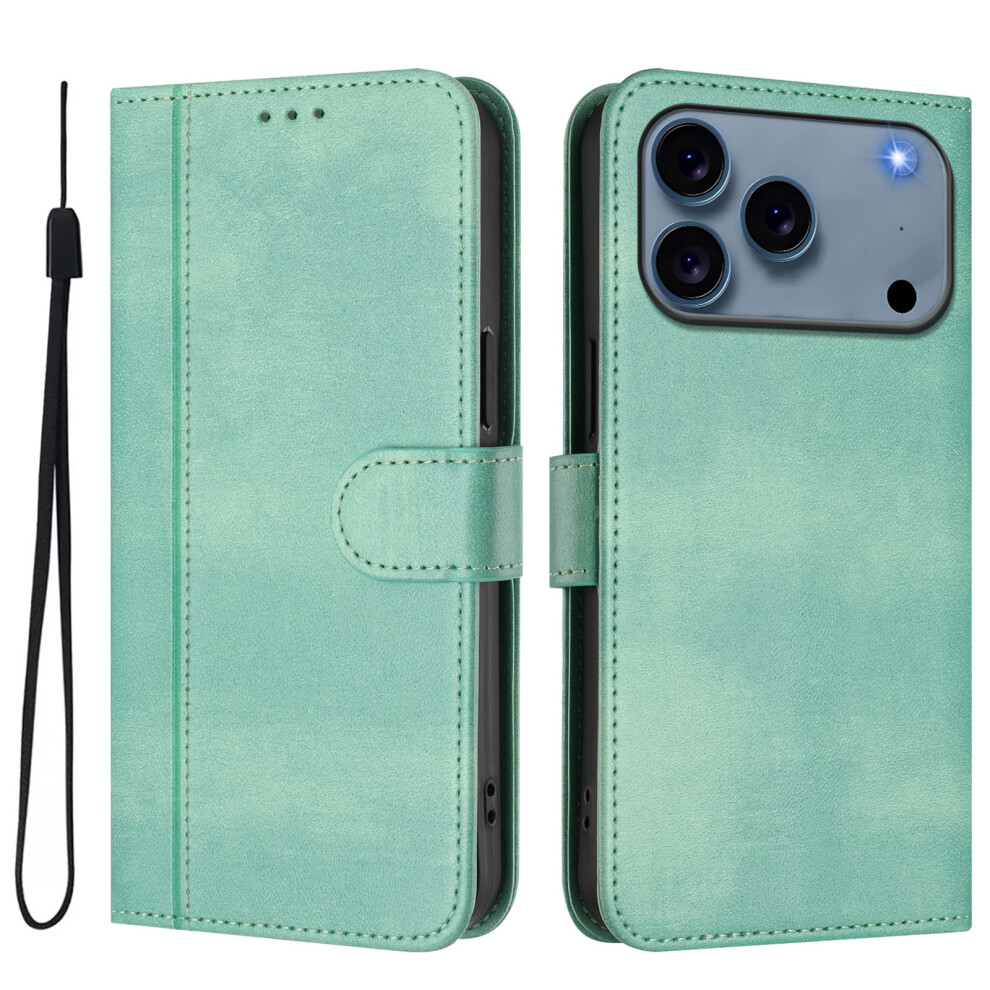 (Mint ) For Iphone 17 Pro Max Cases Wallet Stand Retro Texture Leather Phone Cover With Lanyard Green 6914289008326