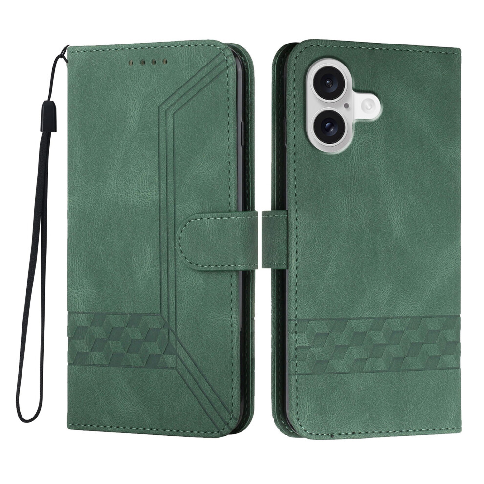 (Blackish ) For Iphone 17 Phone Case With Strap Imprint Pu Leather Wallet Stand Cover Green 6914283504695