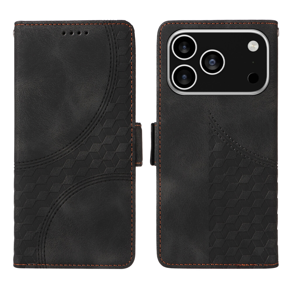 (Black) For Iphone 17 Pro Leather Cases Wallet Rhombus Imprinted Phone Cover Stand With Strap Black 6914285347856