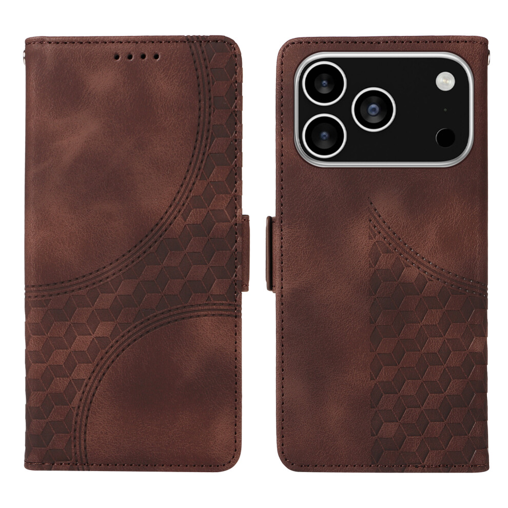 (Brown) For Iphone 17 Pro Leather Cases Wallet Rhombus Imprinted Phone Cover Stand With Strap Brown 6914288858939