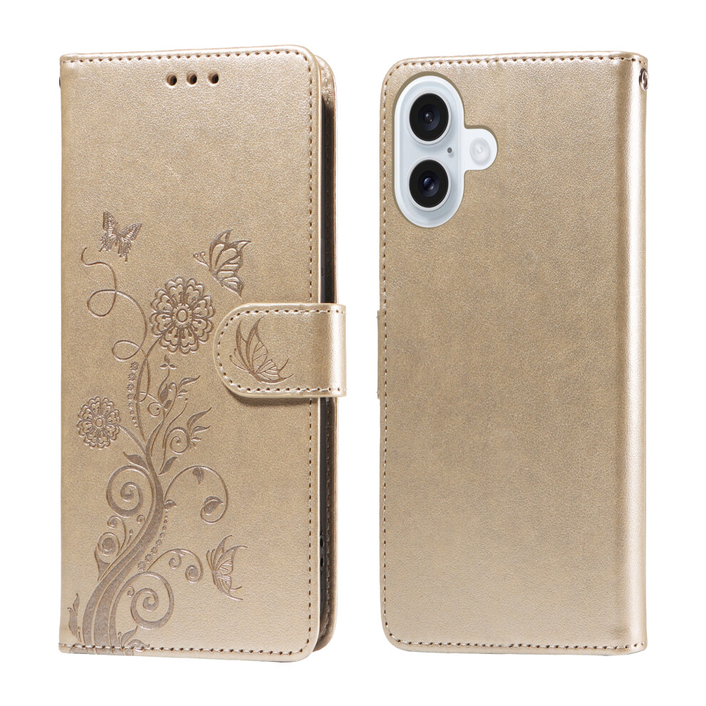 (Golden) For Iphone 17 Leather Case Butterfly Floral Imprint Wallet Stand Cover Golden 6914281236413