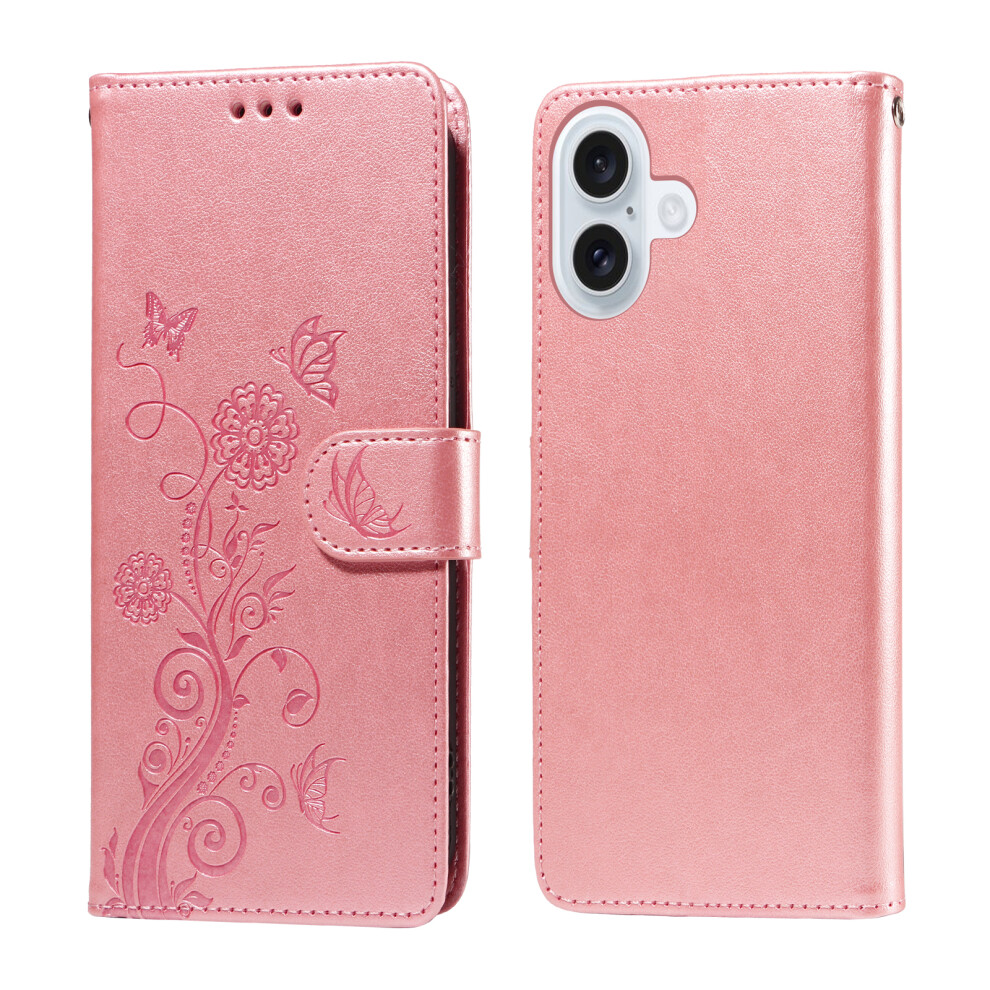 (Pink) For Iphone 17 Leather Case Butterfly Floral Imprint Wallet Stand Cover Pink 6914287648364