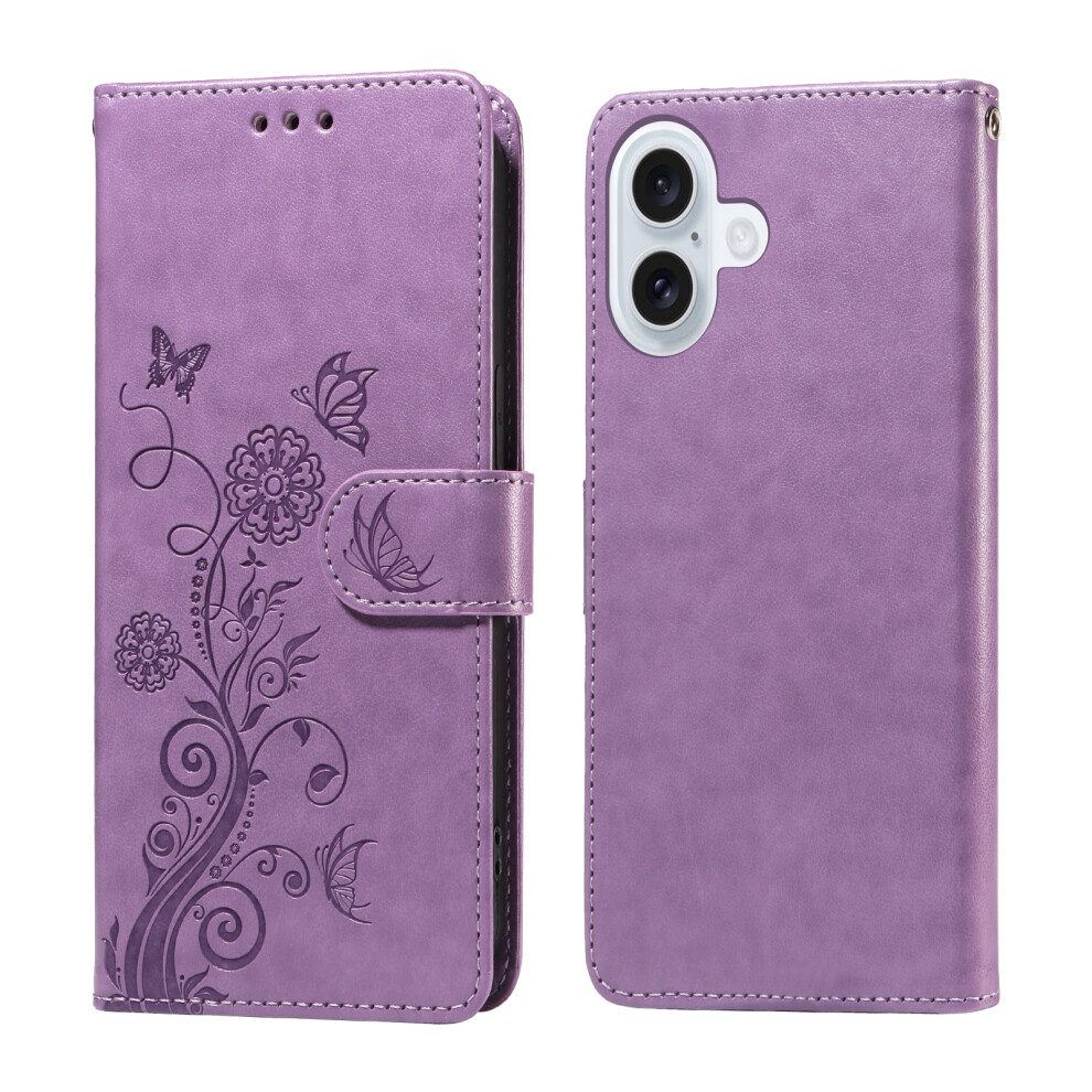 (Purple) For Iphone 17 Leather Case Butterfly Floral Imprint Wallet Stand Cover Purple 6914282346098