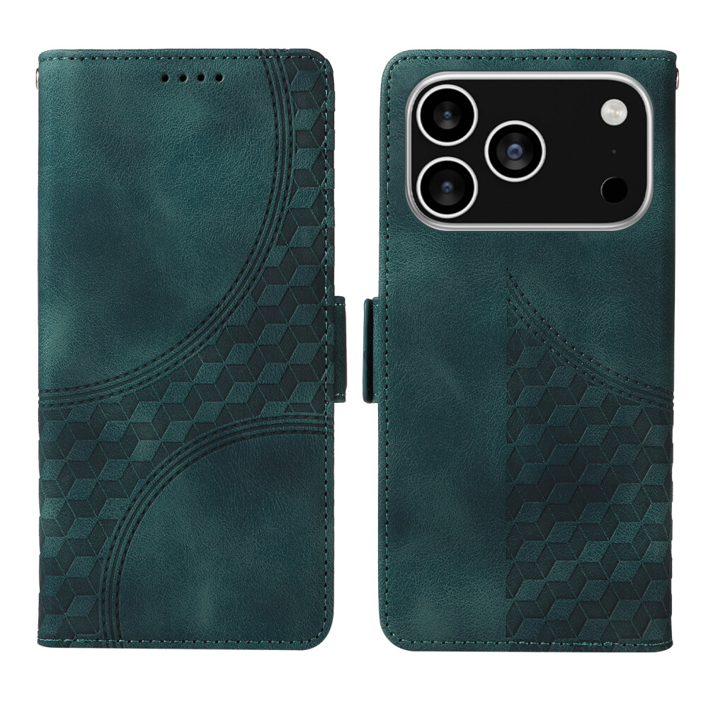 (Green) For Iphone 17 Pro Leather Cases Wallet Rhombus Imprinted Phone Cover Stand With Strap Green 6914288171755