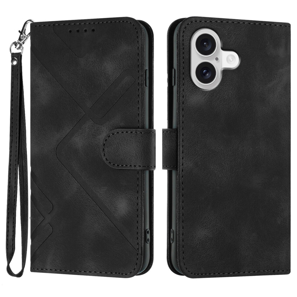 (Black) For Iphone 17 Wallet Case Line Imprinted Pu Leather Phone Cover With Strap Black 6914285576379
