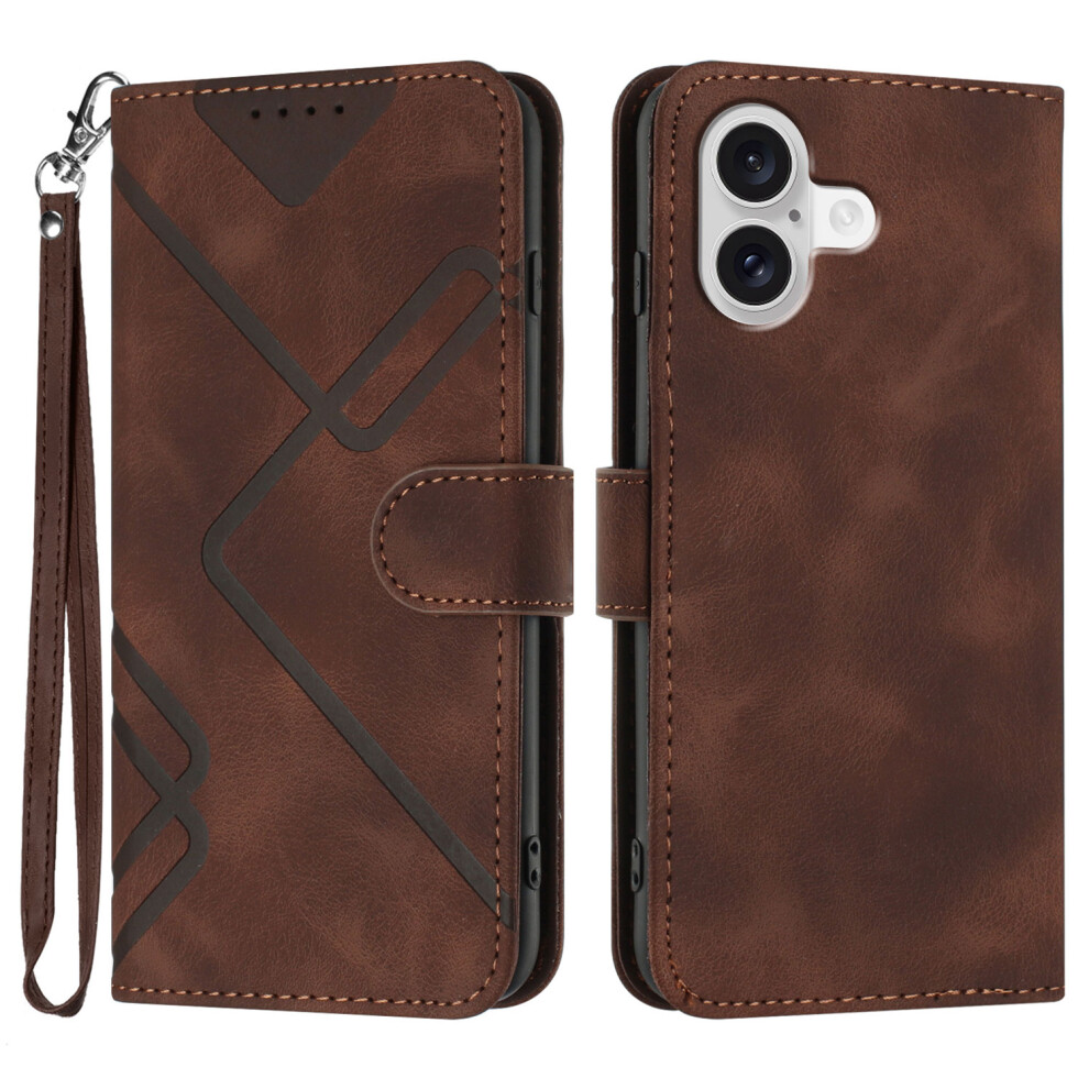 (Brown) For Iphone 17 Wallet Case Line Imprinted Pu Leather Phone Cover With Strap Brown 6914287059726