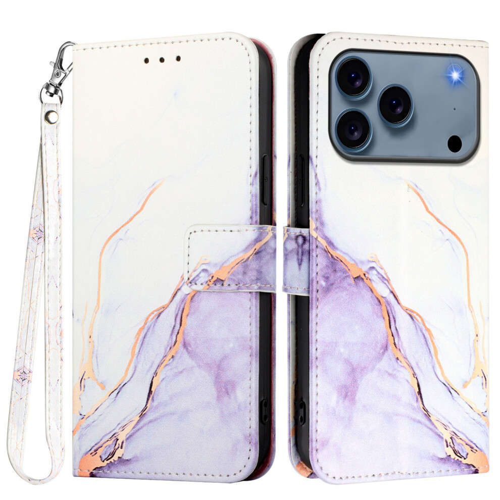 (White Purple Ls006) For Iphone 17 Pro Case With Strap Marble Pattern Leather Phone Cover Card Holder White,Purple 6914285226410