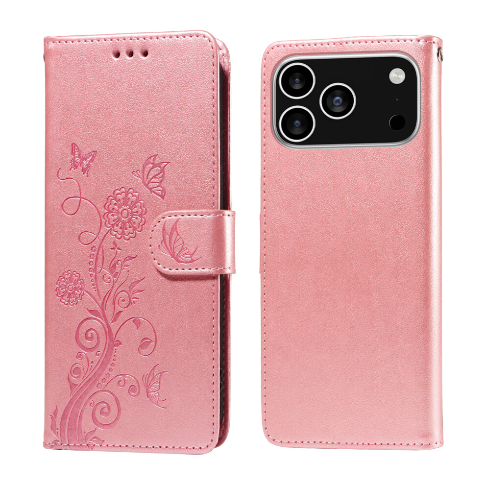 (Pink) For Iphone 17 Pro Leather Case Butterfly Floral Imprint Wallet Stand Cover Pink 6914281212615