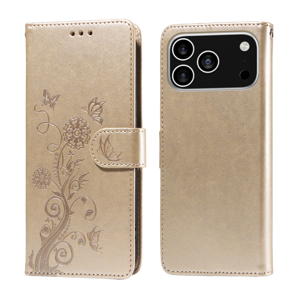 (Golden) For Iphone 17 Pro Leather Case Butterfly Floral Imprint Wallet Stand Cover Golden 6914286776310