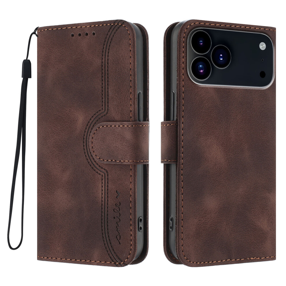 (Coffee) For Iphone 17 Pro Max Leather Case Wallet Stand Smile Imprinted Phone Cover With Strap Brown 6914286330642