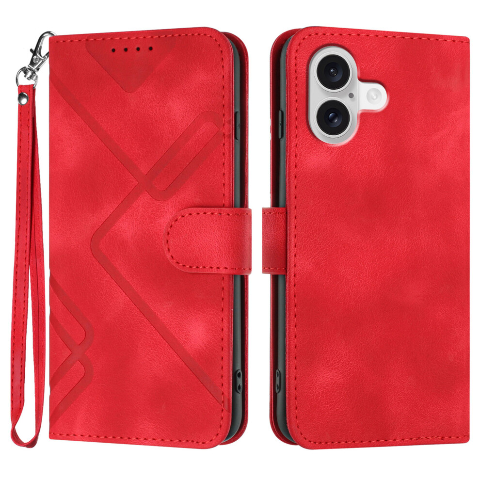 (Red) For Iphone 17 Wallet Case Line Imprinted Pu Leather Phone Cover With Strap Red 6914281358405