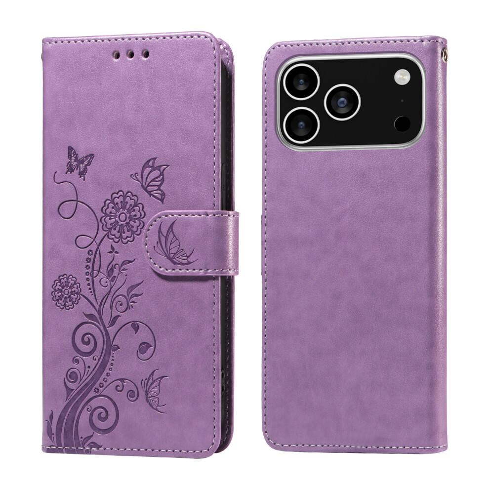 (Purple) For Iphone 17 Pro Leather Case Butterfly Floral Imprint Wallet Stand Cover Purple 6914284265632
