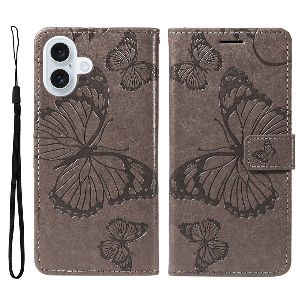 (Grey) For Iphone 17 Wallet Case Floral Butterfly Imprinted Leather Phone Cover Stand Grey 6914286033994