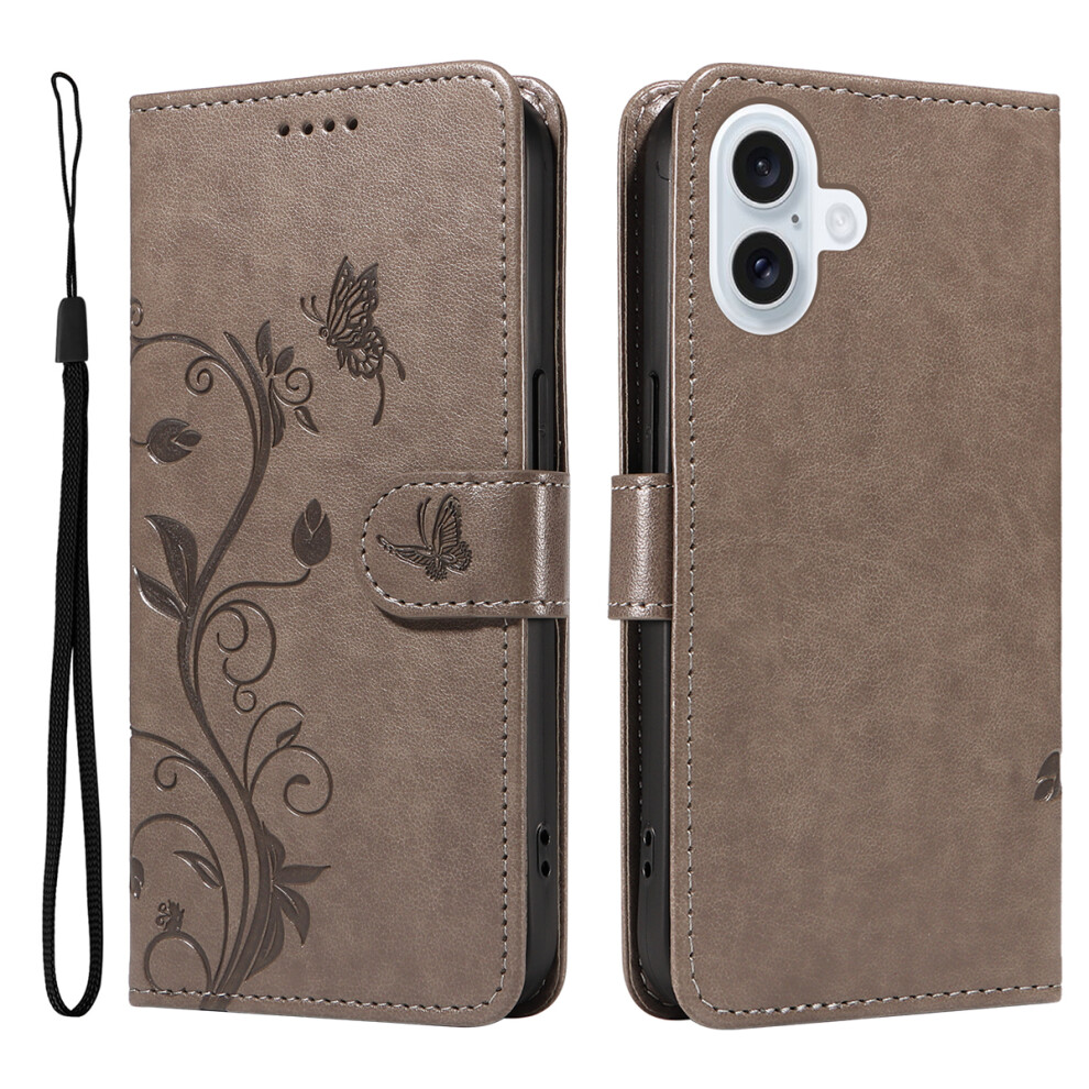 (Grey) For Iphone 17 Pu Leather Cases Flower Pattern Wallet Stand Phone Cover With Strap Grey 6914286881625