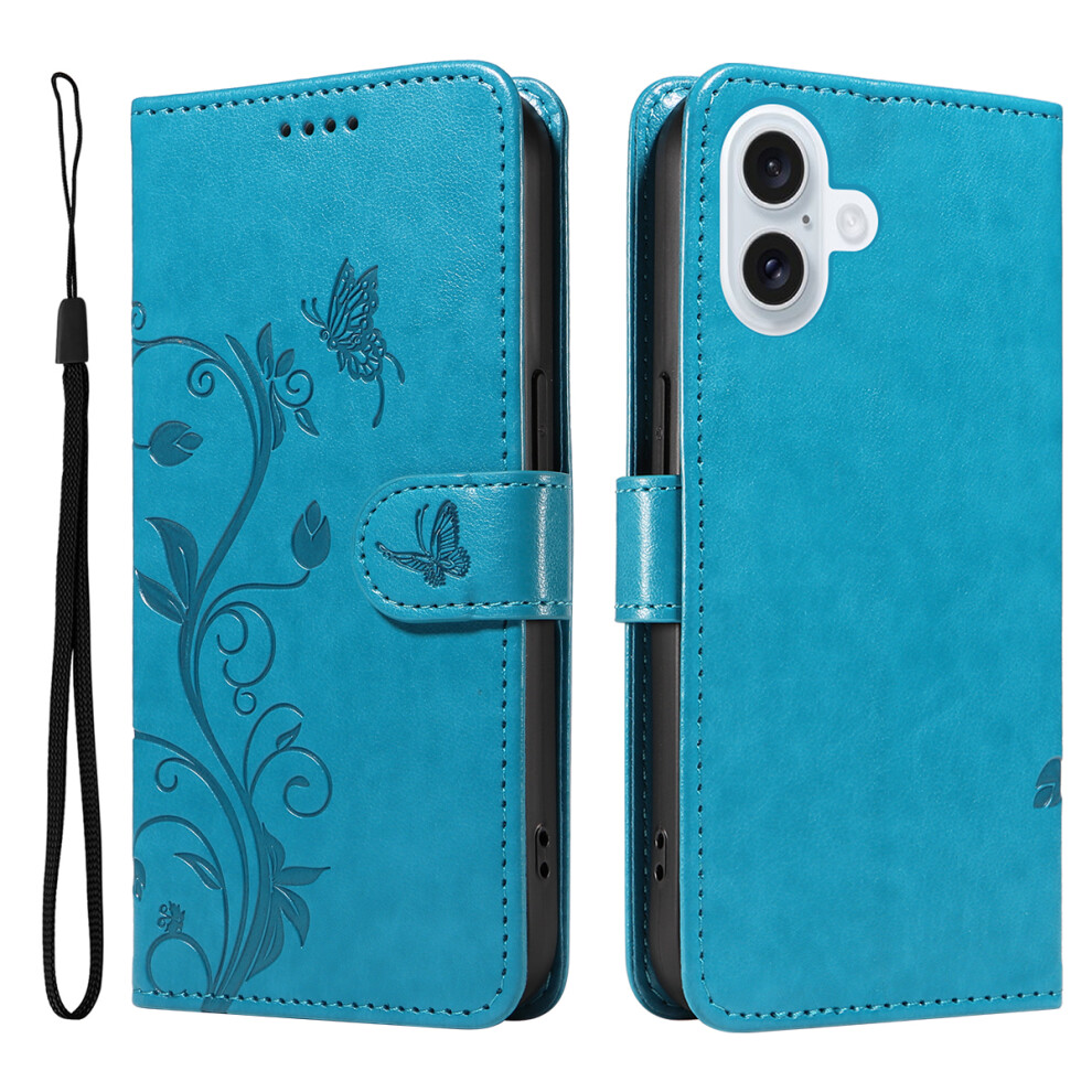 (Blue) For Iphone 17 Pu Leather Cases Flower Pattern Wallet Stand Phone Cover With Strap Blue 6914286240958