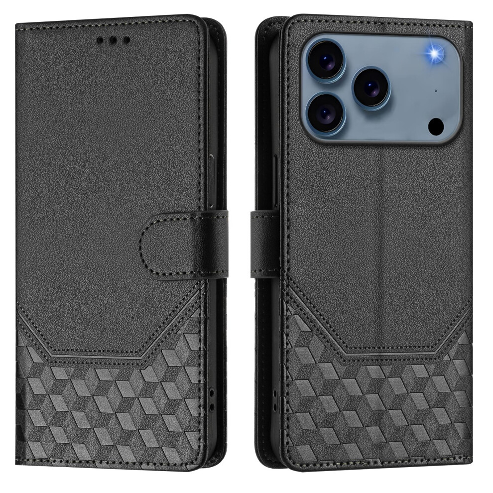 (Black) For Iphone 17 Pro Case Imprinted Honeycomb Rfid Blocking Leather Phone Cover With Strap Black 6914286735843