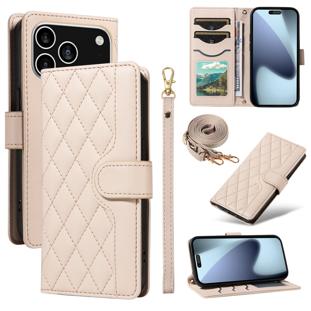 (Apricot) For Iphone 17 Pro Wallet Case Rhombus Leather Phone Cover With Strap 6914281747834