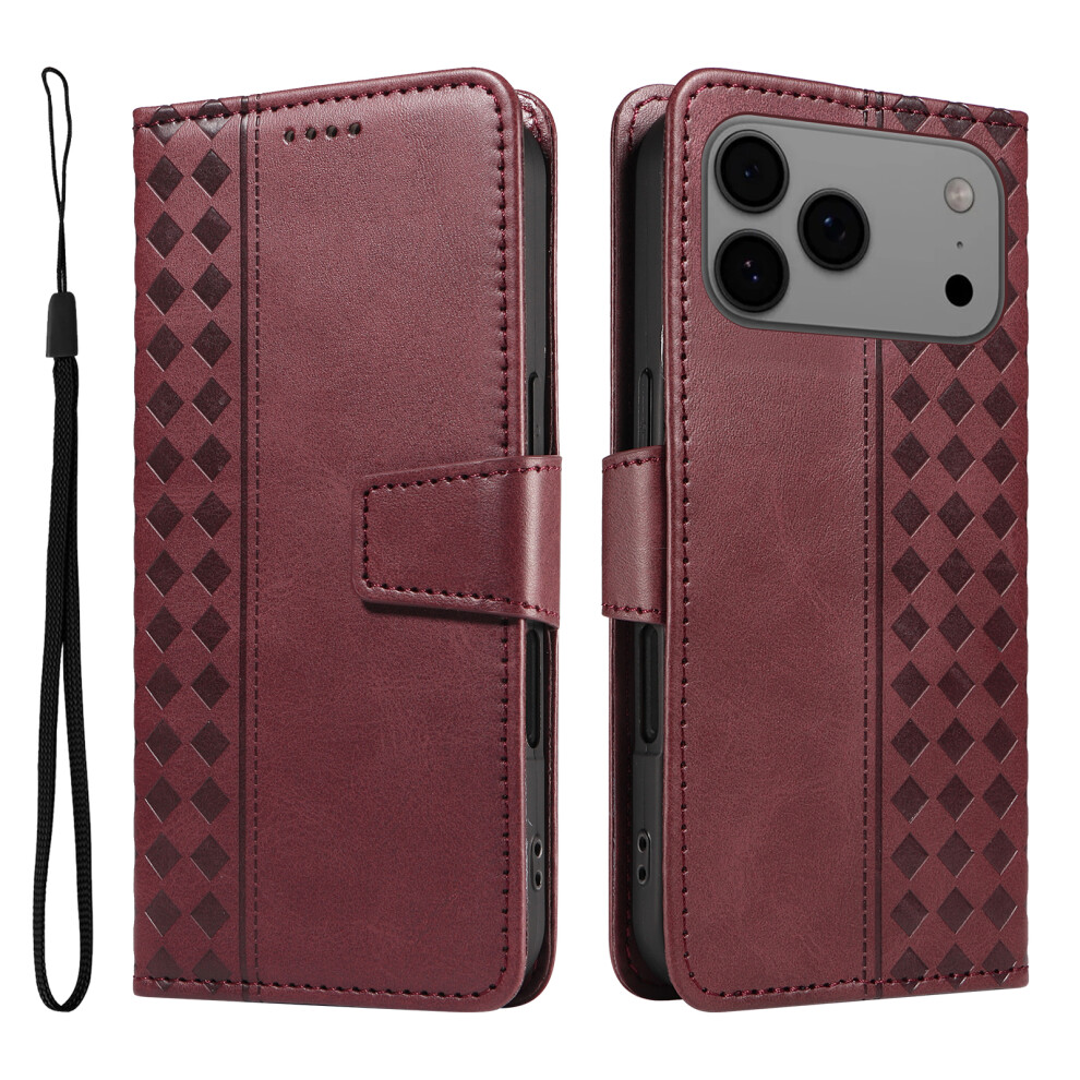 (Wine ) For Iphone 17 Pro Max Leather Case Wallet Stand Grids Imprinted Phone Cover With Strap Red 6914287469556