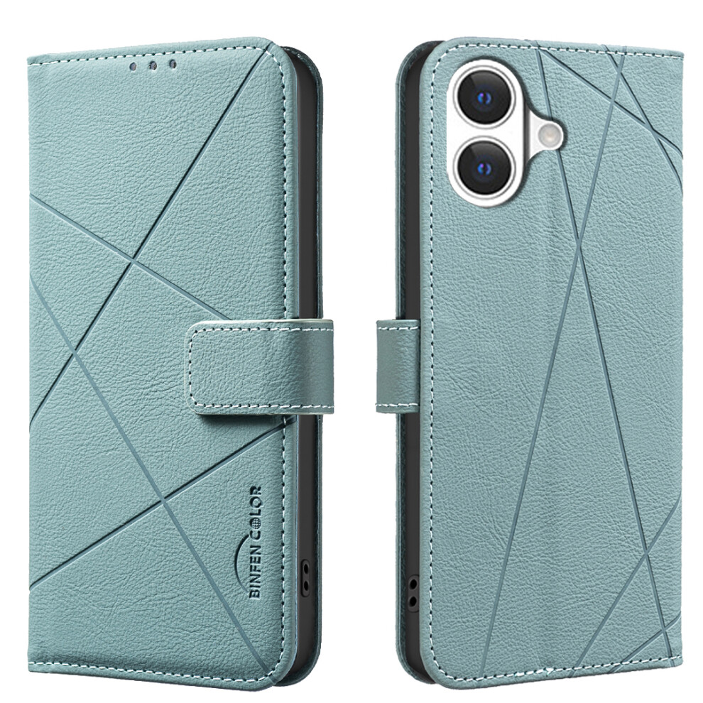 (Green) For Iphone 17 Case Binfen Color Bf35 Geometry Imprinted Leather Phone Cover Rfid Blocking Wallet Stand Green 6914283644964
