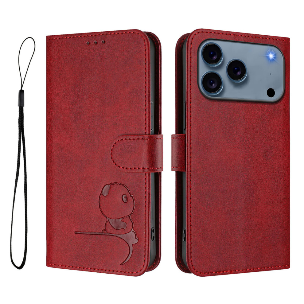 (Wine ) For Iphone 17 Pro Case Panda Imprint Rfid Blocking Wallet Leather Phone Cover With Wrist Strap Red 6914286992345