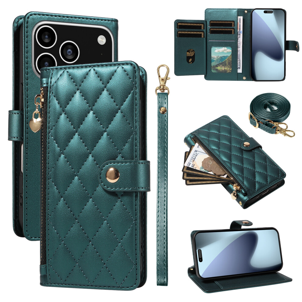 (Blackish ) For Iphone 17 Pro Wallet Case With Straps, Rhombus Leather Stand Phone Cover Green 6914282325284