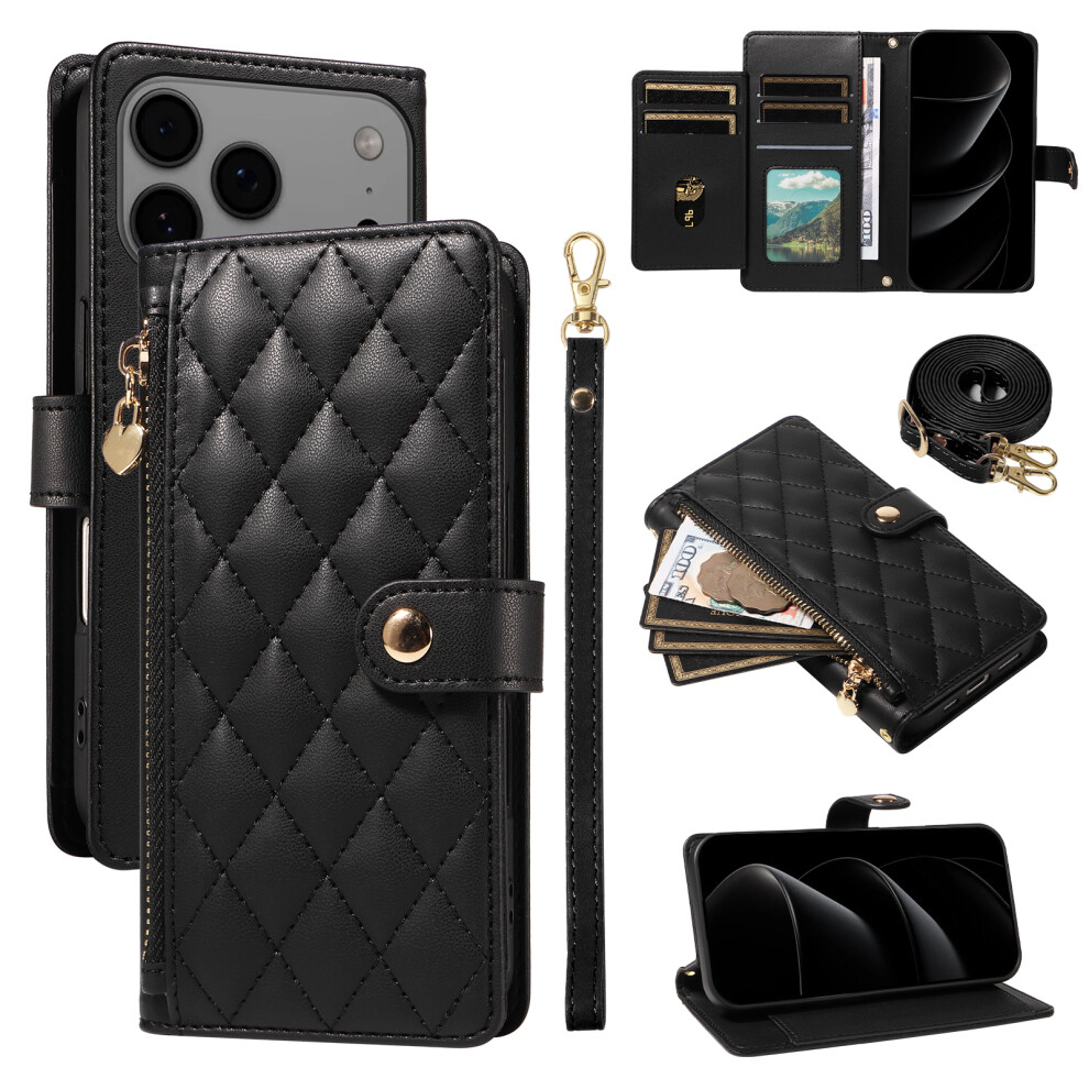 (Black) For Iphone 17 Pro Max Wallet Case With Straps, Rhombus Leather Stand Phone Cover Black 6914285978340