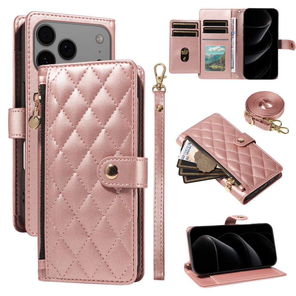 (Rose ) For Iphone 17 Pro Max Wallet Case With Straps, Rhombus Leather Stand Phone Cover Gold 6914286228970