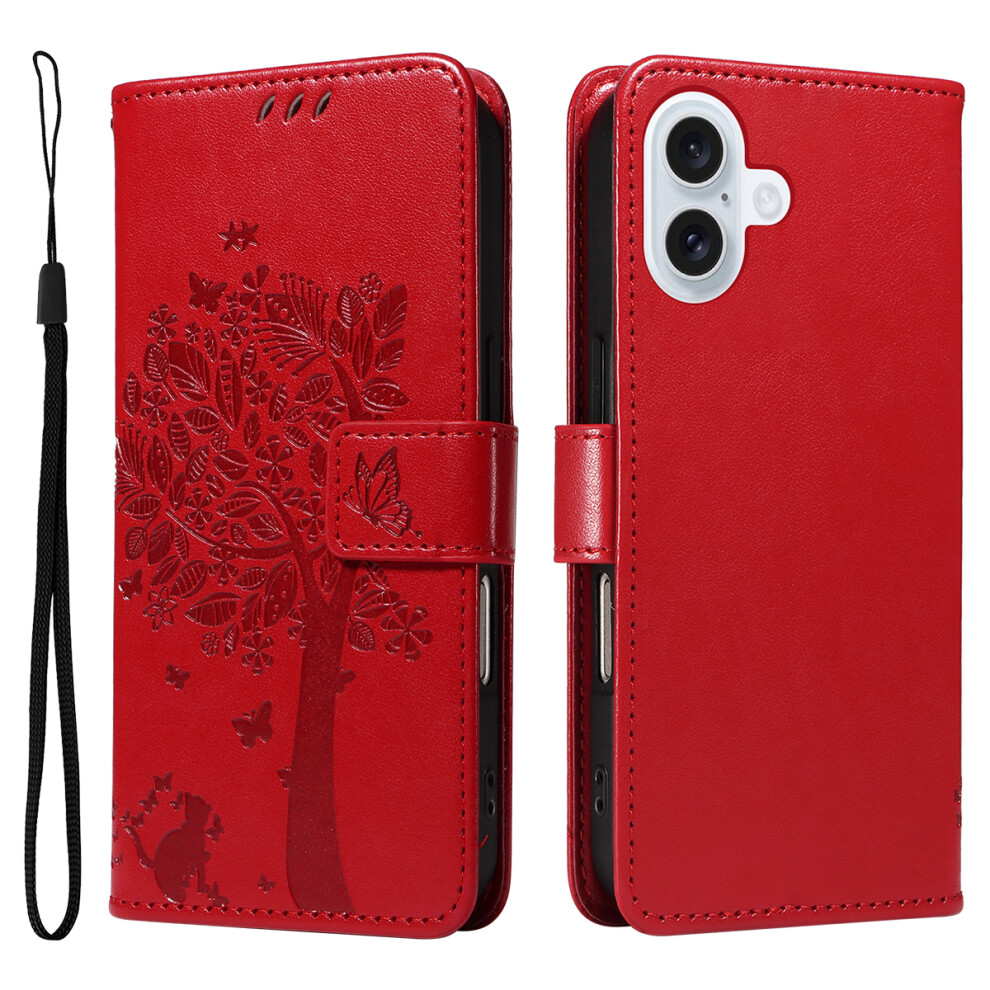 (Red) For Iphone 17 Phone Case With Stand Cat Tree Pattern Leather Wallet Mobile Cover Red 6914286382658