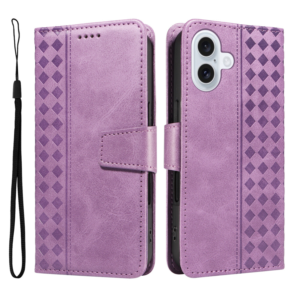 (Light ) For Iphone 17 Leather Case Wallet Stand Grids Imprinted Phone Cover With Strap Purple 6914283734566
