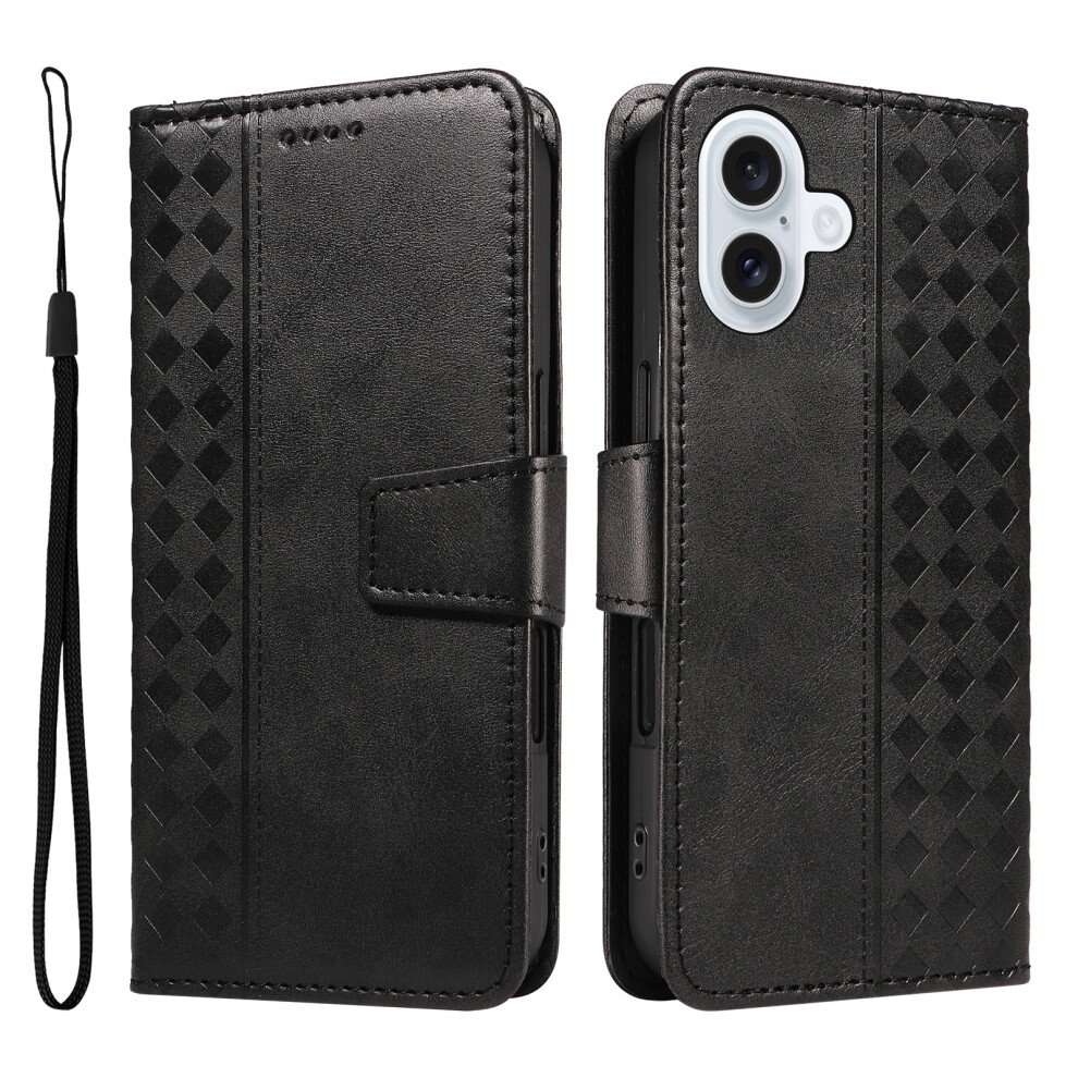 (Black) For Iphone 17 Leather Case Wallet Stand Grids Imprinted Phone Cover With Strap Black 6914285210211