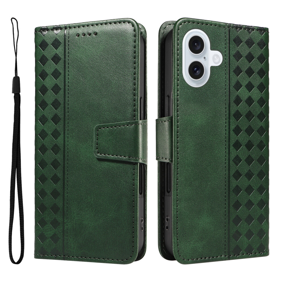 (Green) For Iphone 17 Leather Case Wallet Stand Grids Imprinted Phone Cover With Strap Green 6914287048294