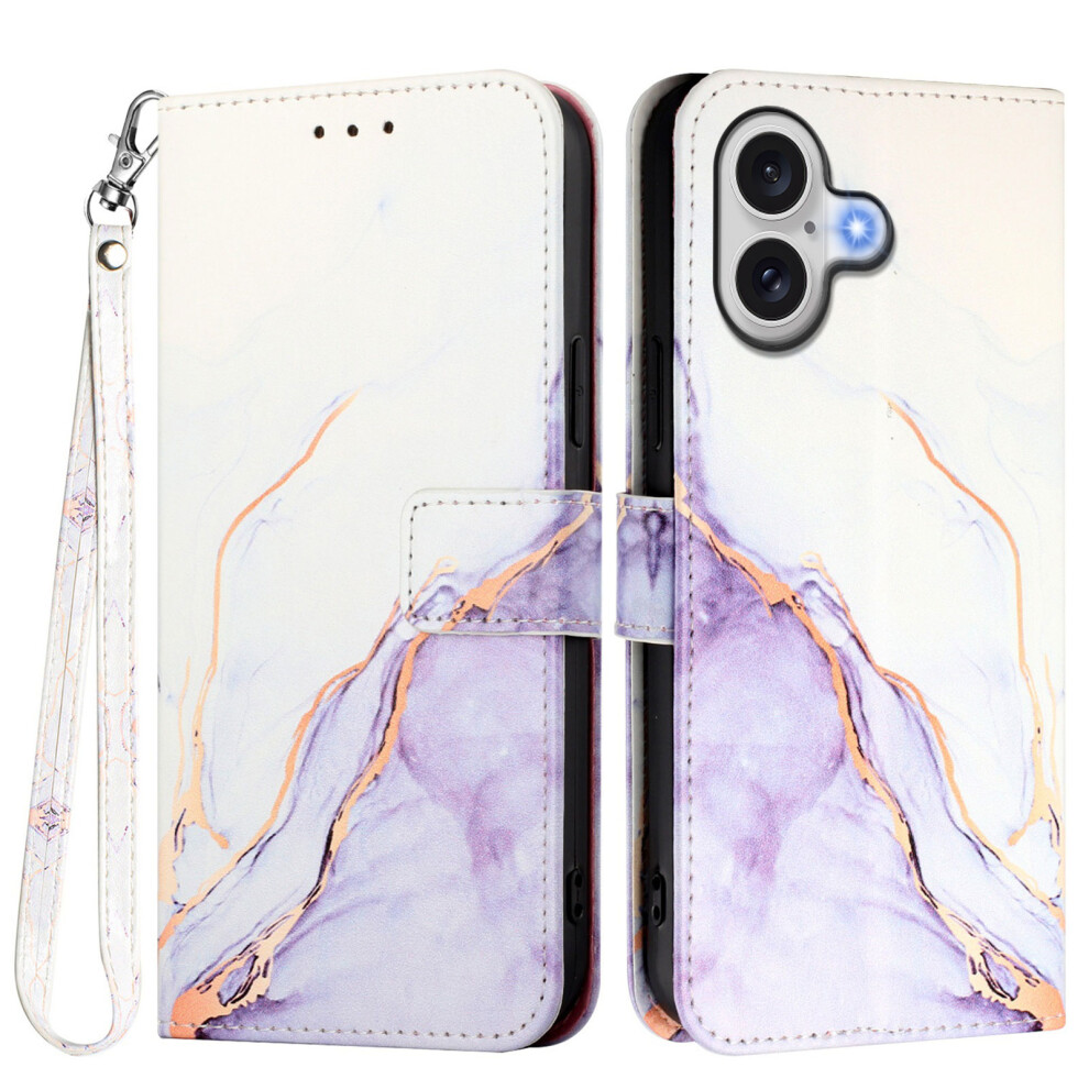 (White Purple Ls006) For Iphone 17 Case With Strap Marble Pattern Leather Phone Cover Card Holder White,Purple 6914289686517