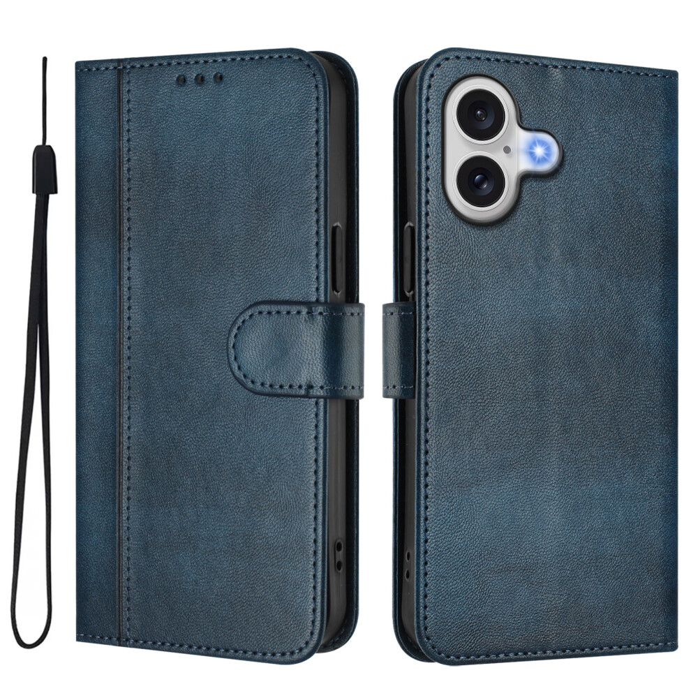 (Blue) For Iphone 17 Cases Wallet Stand Retro Texture Leather Phone Cover With Lanyard Blue 6914285505942
