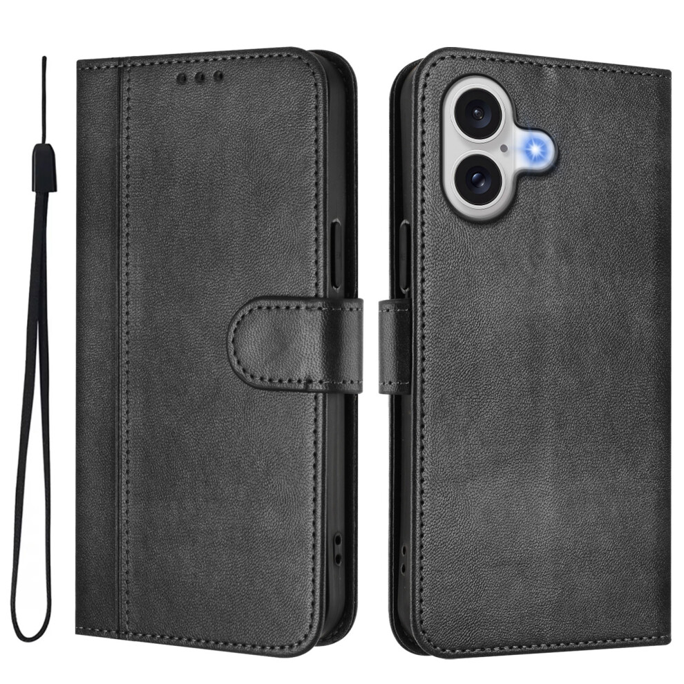 (Black) For Iphone 17 Cases Wallet Stand Retro Texture Leather Phone Cover With Lanyard Black 6914283435265