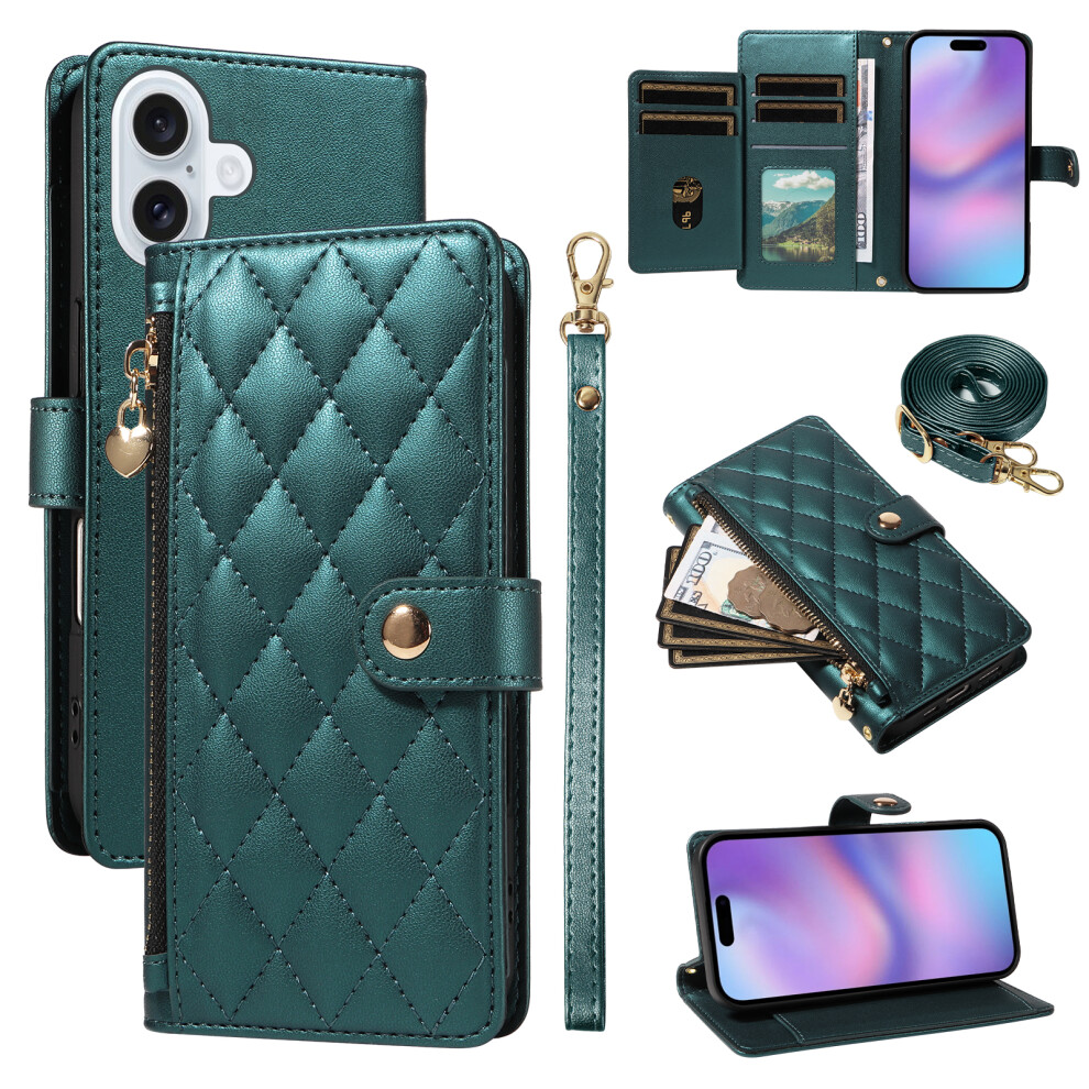 (Blackish ) For Iphone 17 Wallet Case With Straps, Rhombus Leather Stand Phone Cover Green 6914281298329