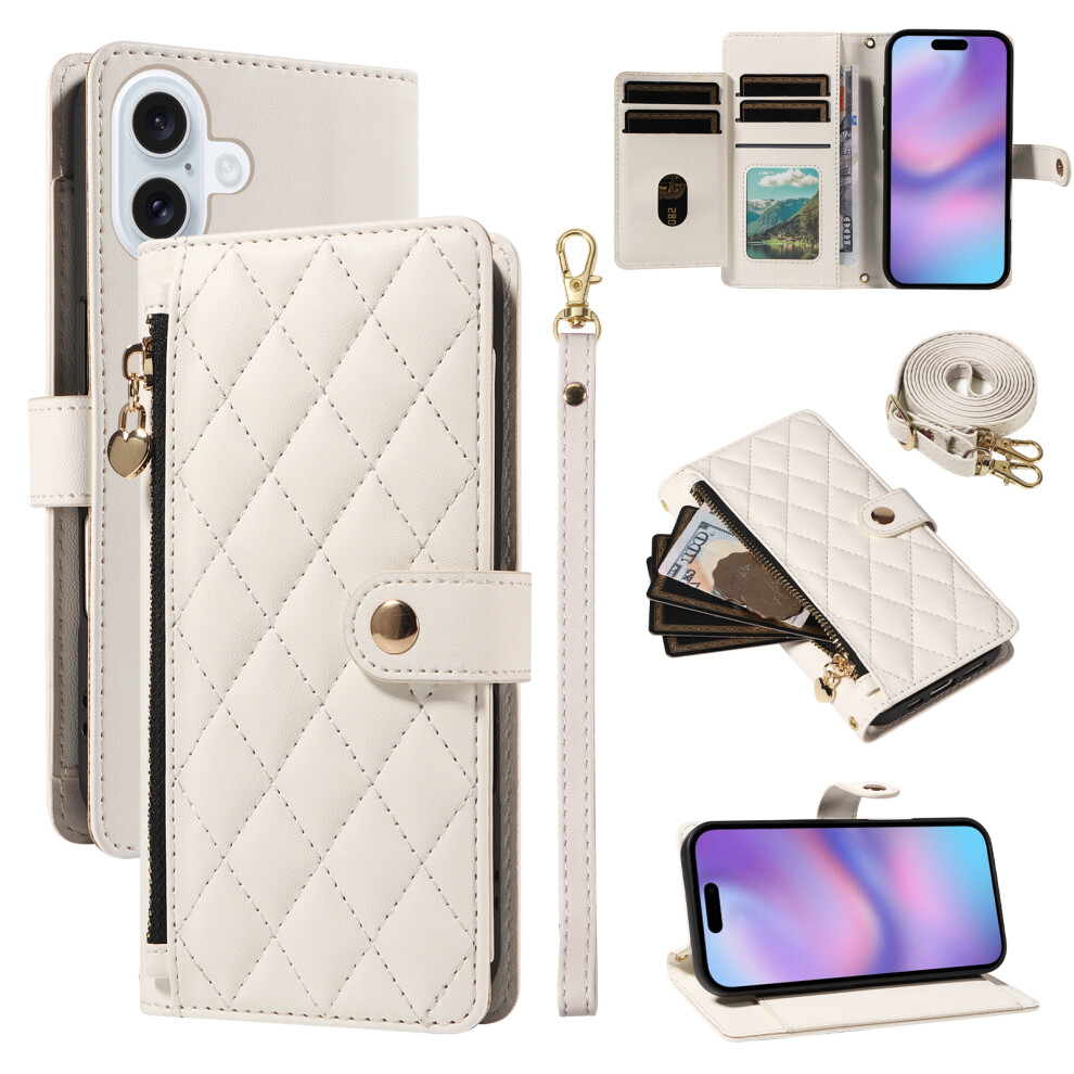 (White) For Iphone 17 Wallet Case With Straps, Rhombus Leather Stand Phone Cover White 6914285311116
