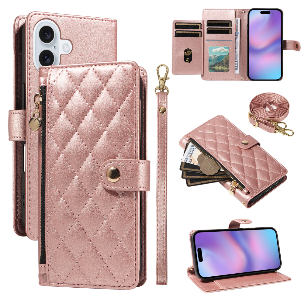 (Rose ) For Iphone 17 Wallet Case With Straps, Rhombus Leather Stand Phone Cover Gold 6914289667639