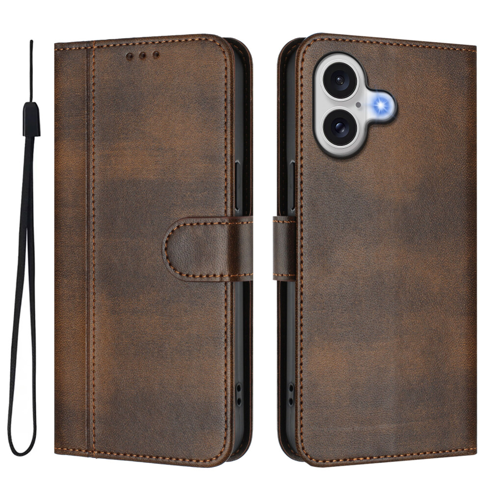 (Brown) For Iphone 17 Cases Wallet Stand Retro Texture Leather Phone Cover With Lanyard Brown 6914283828920