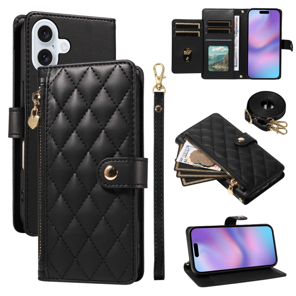 (Black) For Iphone 17 Wallet Case With Straps, Rhombus Leather Stand Phone Cover Black 6914281505717